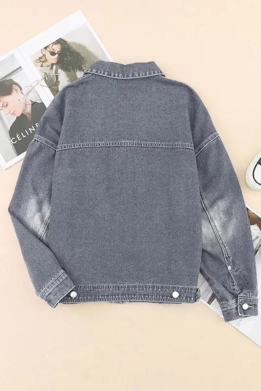 Gray chest pockets drop shoulder loose denim jacket - jackets