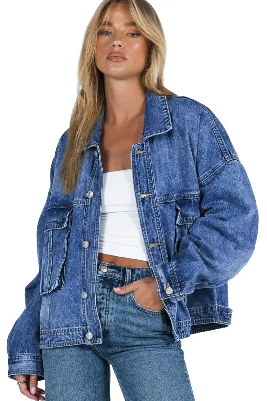 Gray chest pockets drop shoulder loose denim jacket - jackets