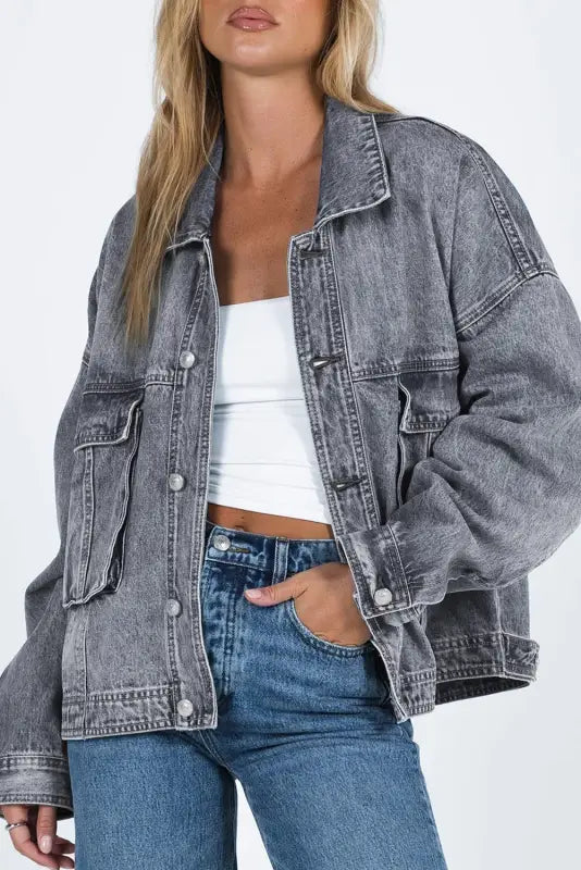 Gray chest pockets drop shoulder loose denim jacket - 2xl / 75% cotton + 12.7% polyester + 12.3% viscose - jackets