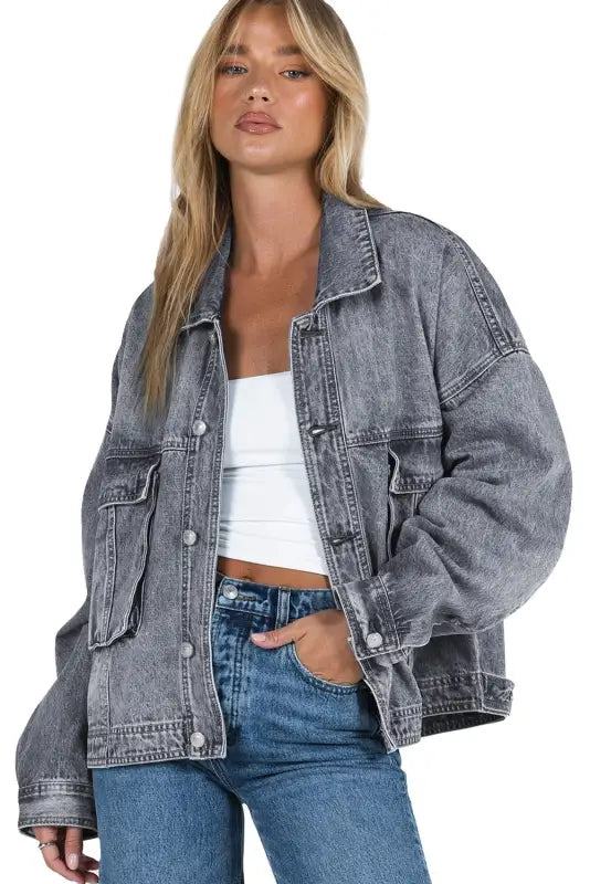 Gray chest pockets drop shoulder loose denim jacket - jackets