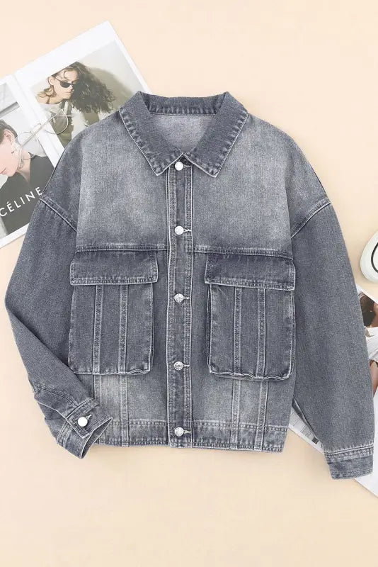 Gray chest pockets drop shoulder loose denim jacket - jackets