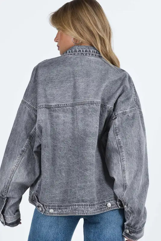 Gray chest pockets drop shoulder loose denim jacket - jackets