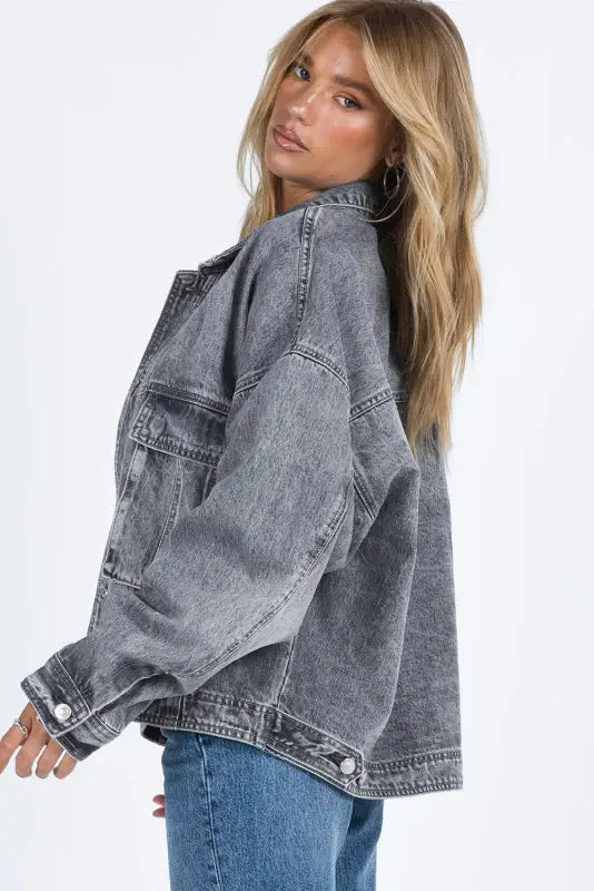 Gray chest pockets drop shoulder loose denim jacket - jackets