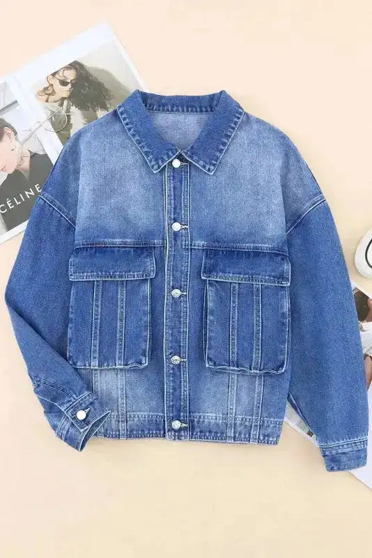 Flat lay of women's loose denim jacket with chest pockets and button front, perfect for casual fall fashion.