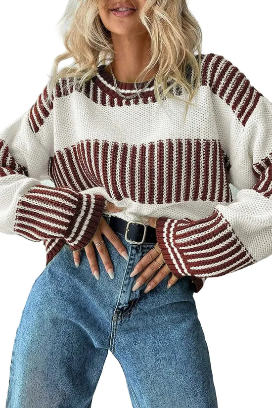 Model wearing brown striped jumper with relaxed fit and round neckline