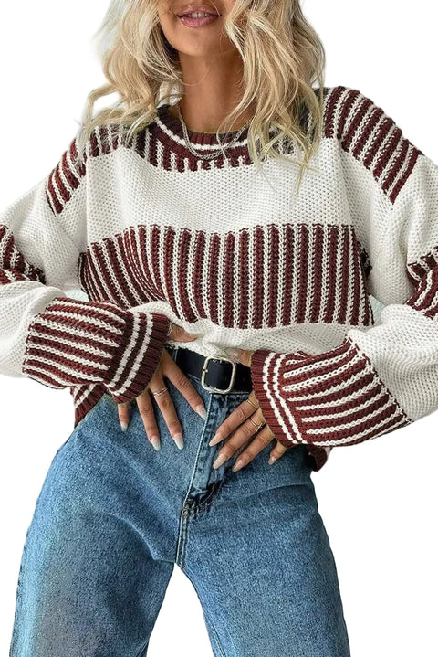 Brown two-tone striped loose fit drop shoulder round neck jumper front view — Fashionfitz UK