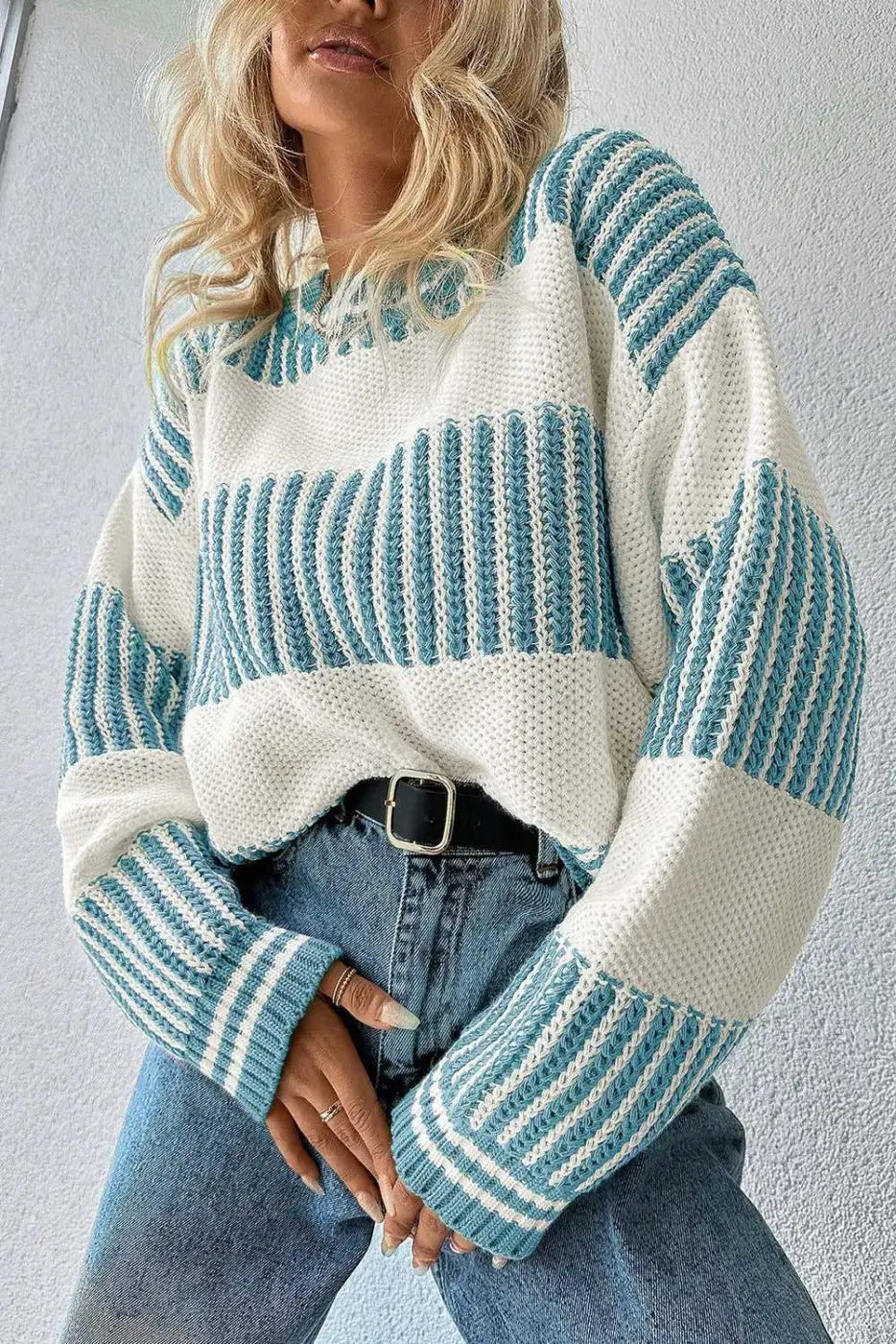 Two-tone light blue knit sweater for casual layering