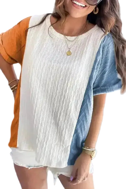 Light blue colour block textured loose fit round neck tee front view — Fashionfitz UK