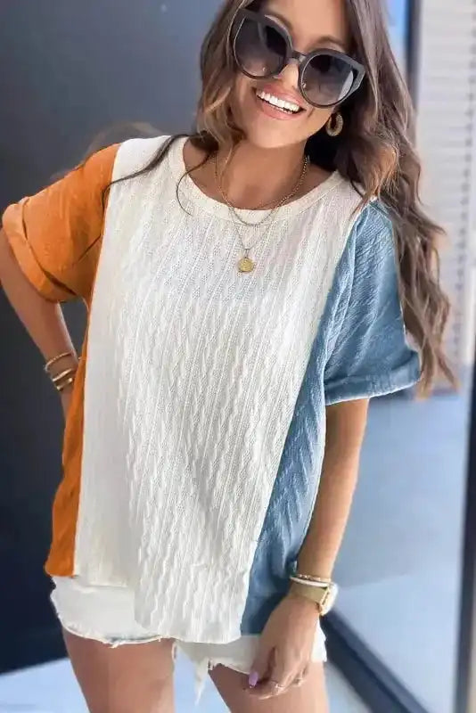 Side view of Colour Block Textured Loose Fit Round Neck Tee showing colour block panel and high-stretch fit — Fashionfitz
