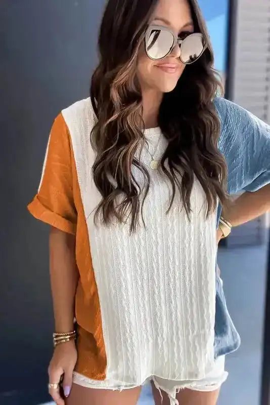 Close-up of Colour Block Textured Loose Fit Tee showing textured fabric and colour block seam detail — Fashionfitz