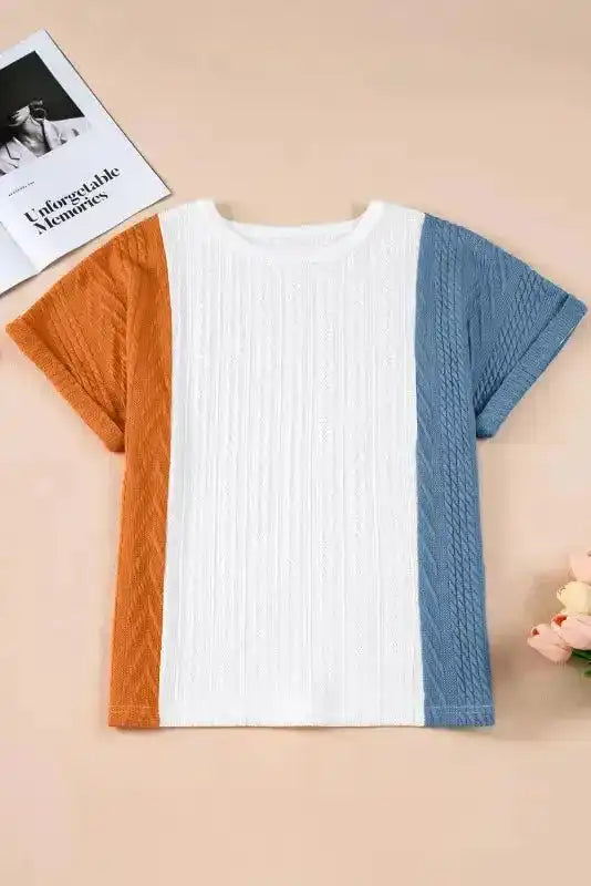 Back view of Colour Block Textured Loose Fit Tee showing relaxed loose fit and short cuffed sleeve — Fashionfitz
