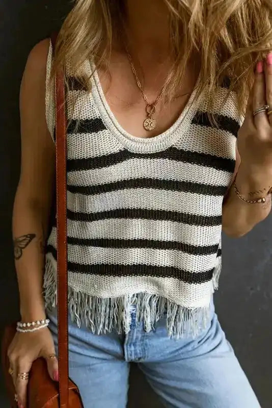 Loose Knit Fringe Tank Top - Fashionfitz