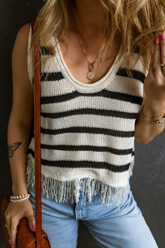 Loose knit fringe tank top - tops