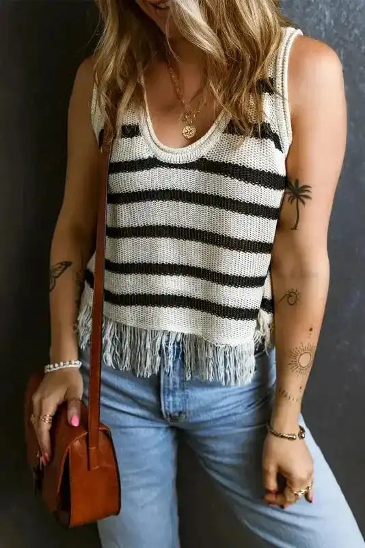 Loose Knit Fringe Tank Top - Fashionfitz