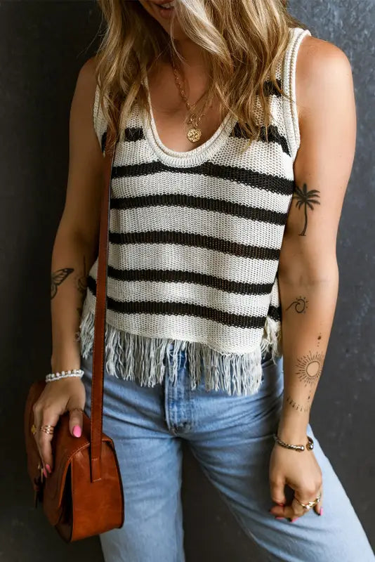 Loose knit fringe tank top - beige stripe / s / 100% acrylic - tops