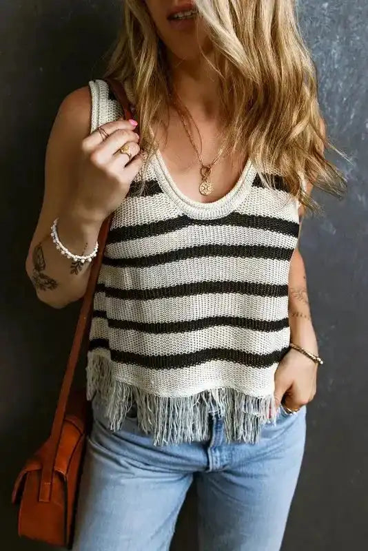 Loose Knit Fringe Tank Top - Fashionfitz