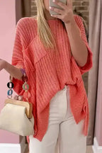 Model wearing Lightweight Knit Oversized Top with Slits in Pink Salmon color- Fashionfitz