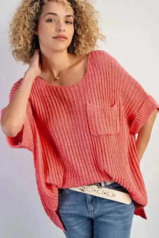 Oversized summer knit top with side slits and relaxed fit