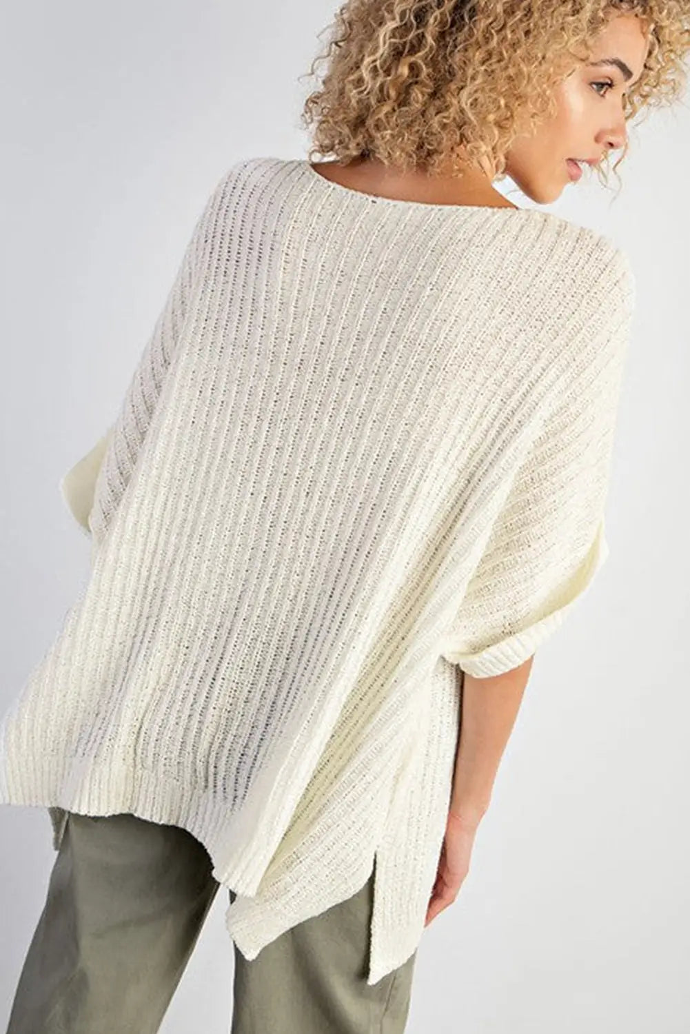 Loose knit tee - white rolled cuffs with slits - short sleeve sweaters