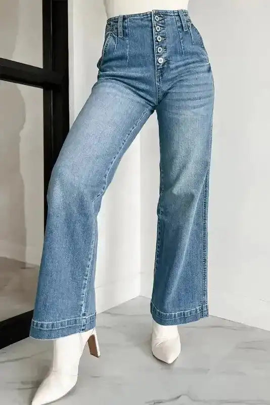 Full length view of dusk blue loose leg jeans showing straight silhouette and pockets, Fashionfitz