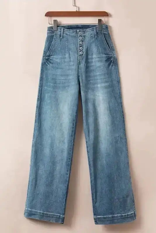 Fashionfitz dusk blue high waist straight leg jeans styled casually with tucked-in top and trainers