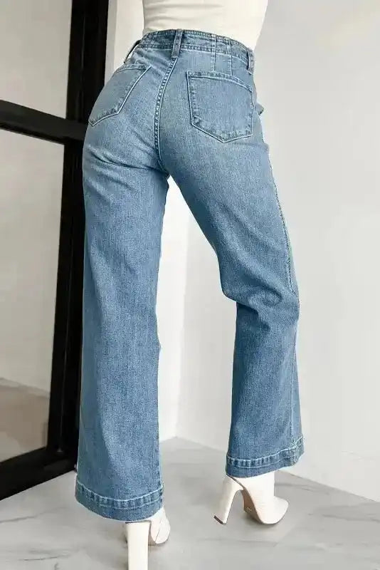 Dusk blue high waist loose straight leg jeans, multi-button detail, side view, Fashionfitz