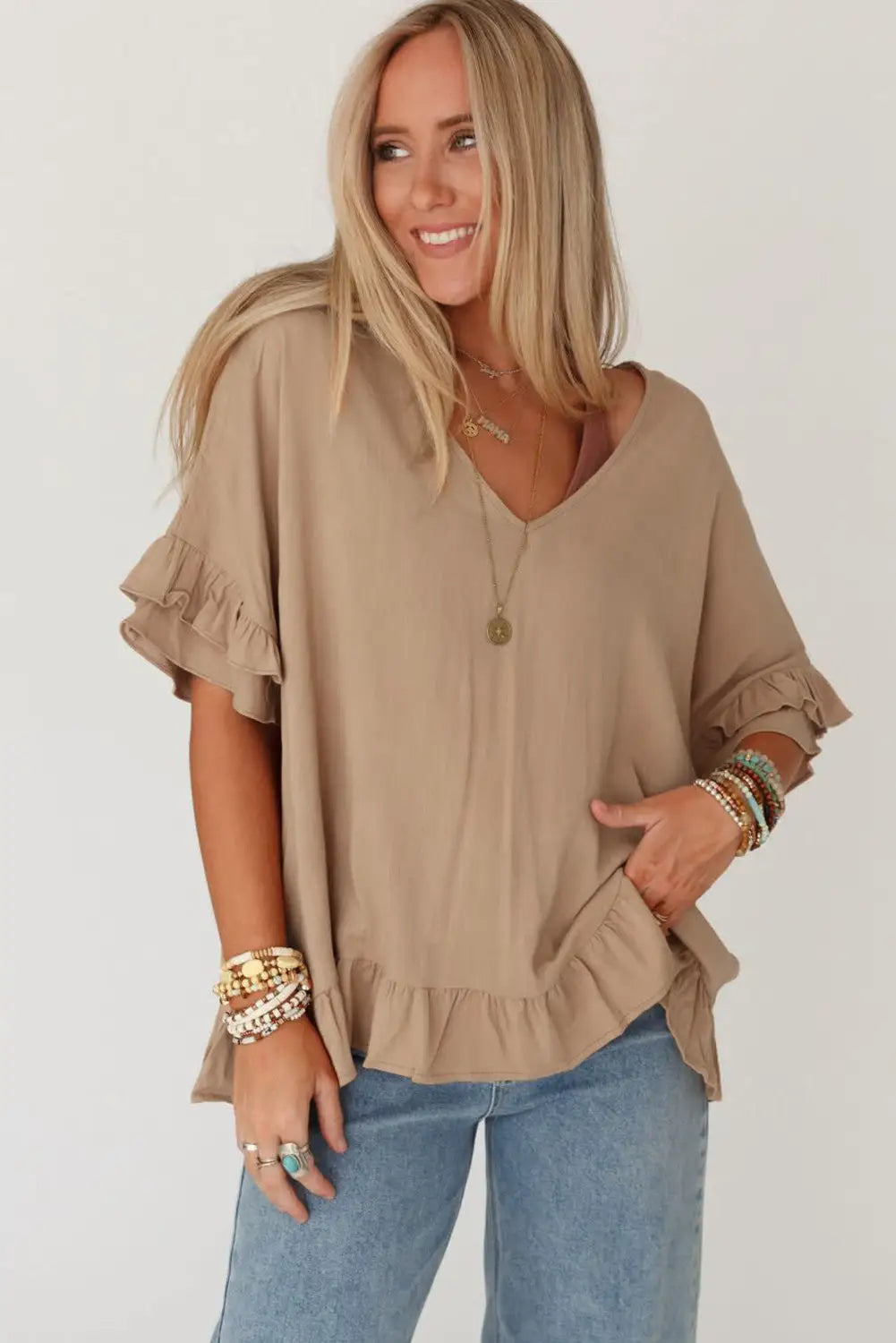 Loose ruffled v neck blouse - short sleeve blouses