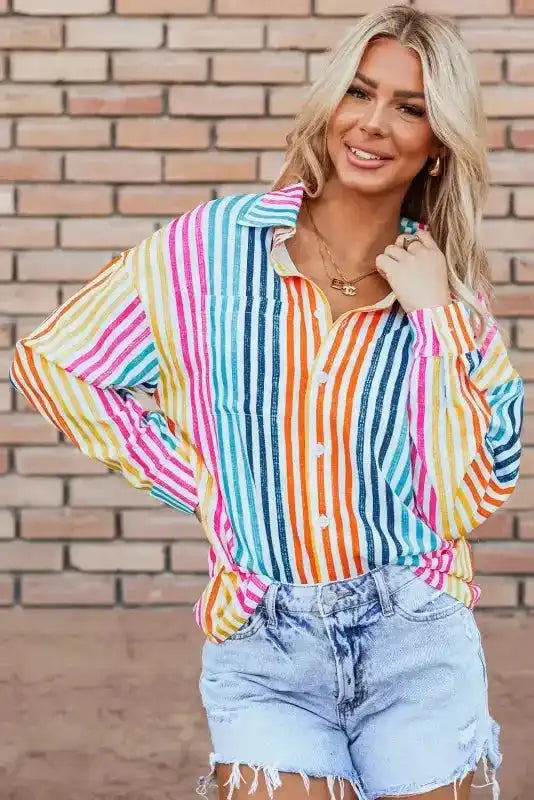 Loose Shirt - Orange Stripe Drop Shoulder - Fashionfitz