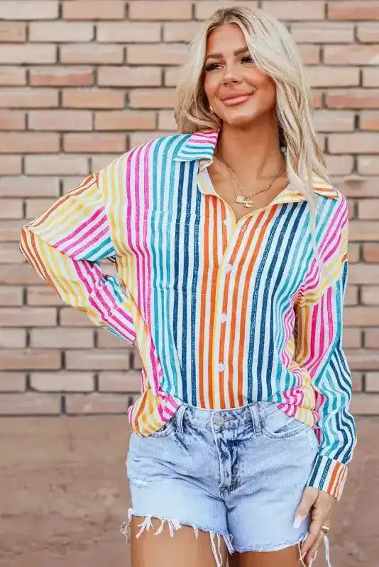 Loose Shirt - Orange Stripe Drop Shoulder - Fashionfitz