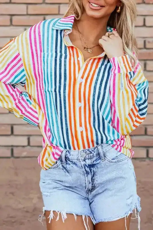 Loose Shirt - Orange Stripe Drop Shoulder - Fashionfitz