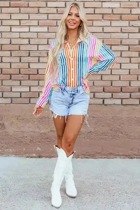 Loose Shirt - Orange Stripe Drop Shoulder - Fashionfitz