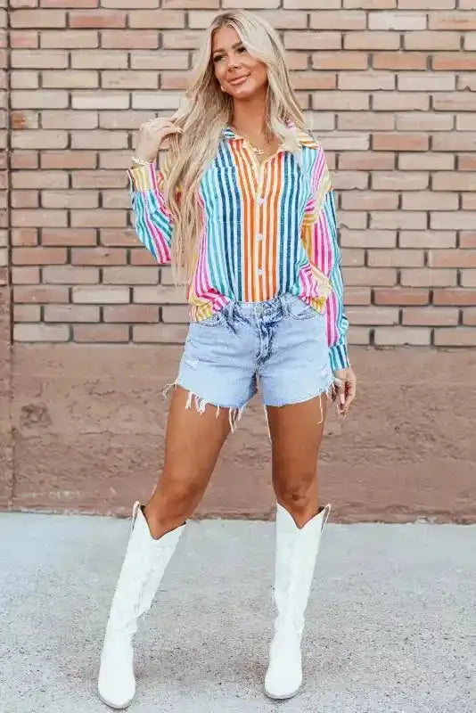 Loose Shirt - Orange Stripe Drop Shoulder - Fashionfitz