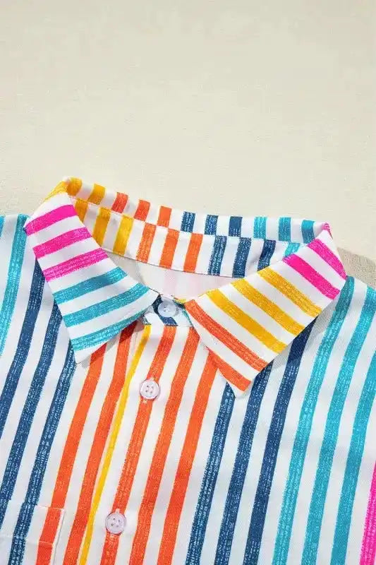 Side view of Orange Striped Drop Shoulder Shirt showing generous loose fit and short sleeve length — Fashionfitz