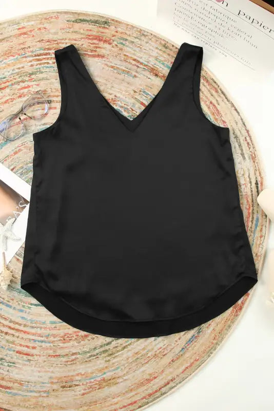 Loose tank top - black deep v-neck - tops