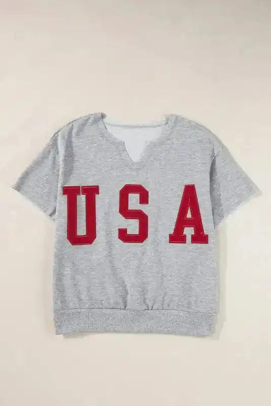 Side view of USA Graphic Grey Notched Neck T-Shirt showing relaxed loose fit and notched neckline — Fashionfitz