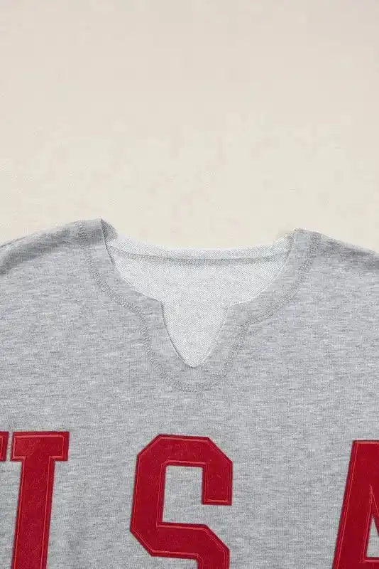 USA Graphic Grey Notched Neck T-Shirt Women UK styled as a casually confident Americana everyday outfit — Fashionfitz