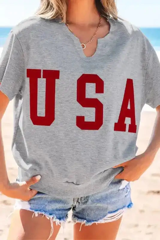 Loose Tee - Grey USA Notched Neck - Fashionfitz