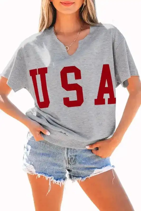 USA Graphic Grey Notched Neck T-Shirt Women UK — front view showing bold USA graphic and notched neckline — Fashionfitz