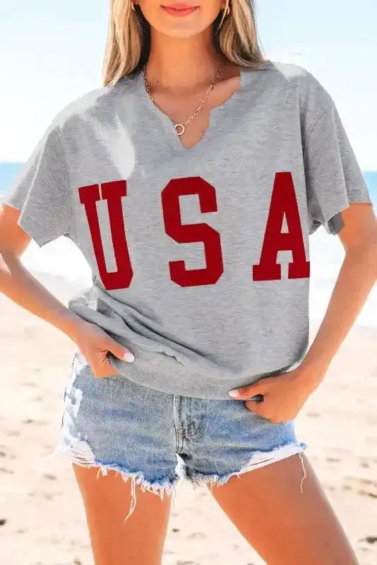 Back view of USA Graphic Grey Notched Neck T-Shirt showing loose fit and short sleeve silhouette — Fashionfitz
