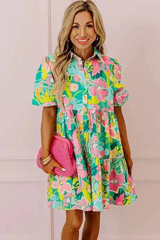 Lorelei Floral Dress - Puff Sleeve Collar Buttoned Babydoll - Fashionfitz