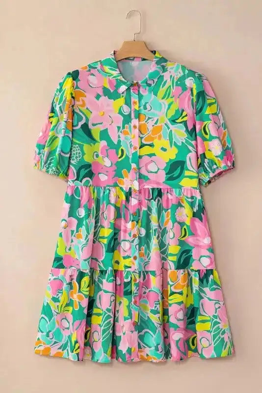 Lorelei Floral Dress - Puff Sleeve Collar Buttoned Babydoll - Fashionfitz