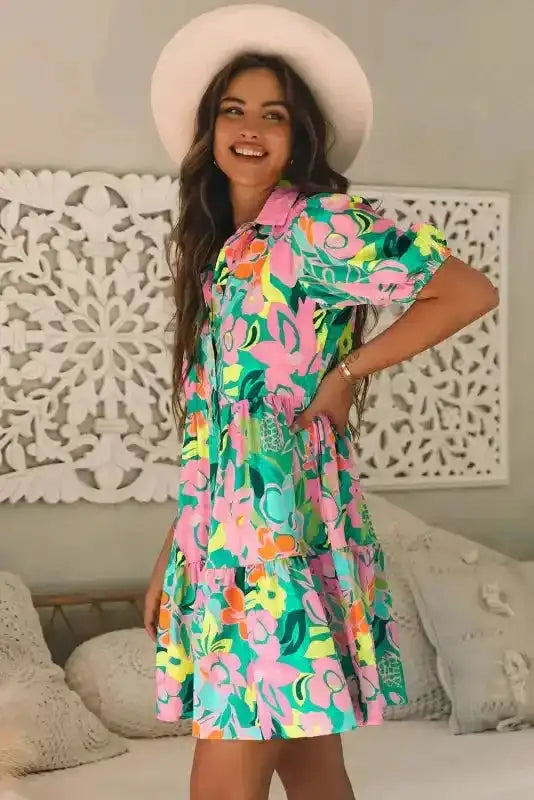 Lorelei Floral Dress - Puff Sleeve Collar Buttoned Babydoll - Fashionfitz