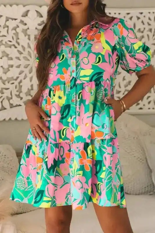 Lorelei Floral Dress - Puff Sleeve Collar Buttoned Babydoll - Fashionfitz