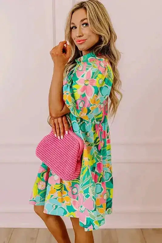 Lorelei Floral Dress - Puff Sleeve Collar Buttoned Babydoll - Fashionfitz