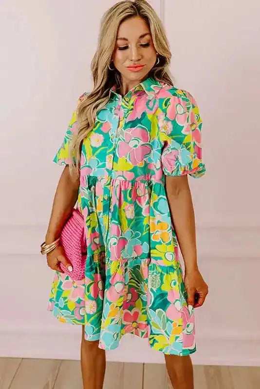 Lorelei Floral Dress - Puff Sleeve Collar Buttoned Babydoll - Fashionfitz