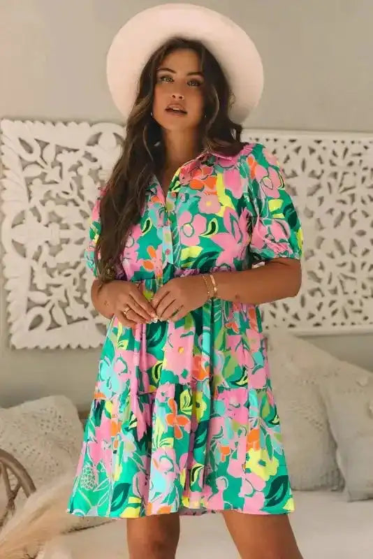 Lorelei Floral Dress - Puff Sleeve Collar Buttoned Babydoll - Fashionfitz