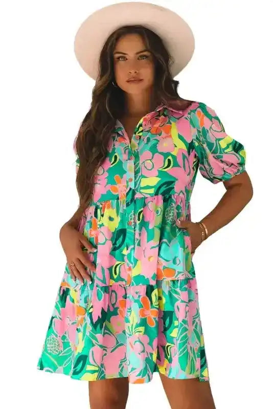Lorelei Floral Dress - Puff Sleeve Collar Buttoned Babydoll - Fashionfitz