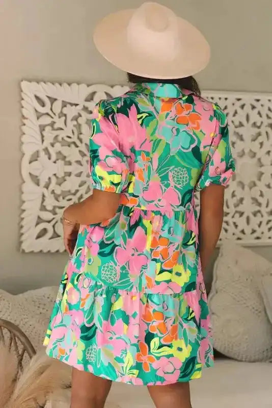 Lorelei Floral Dress - Puff Sleeve Collar Buttoned Babydoll - Fashionfitz