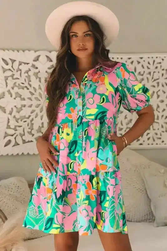 Lorelei Floral Dress - Puff Sleeve Collar Buttoned Babydoll - Fashionfitz