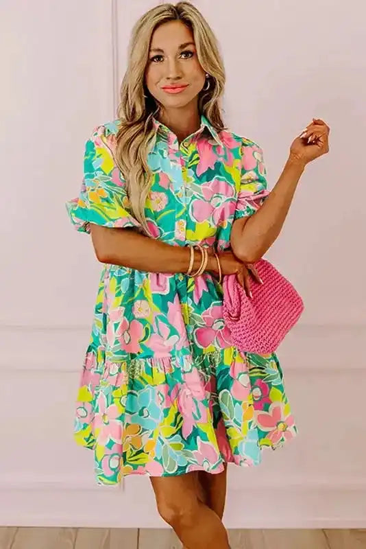 Lorelei Floral Dress - Puff Sleeve Collar Buttoned Babydoll - Fashionfitz
